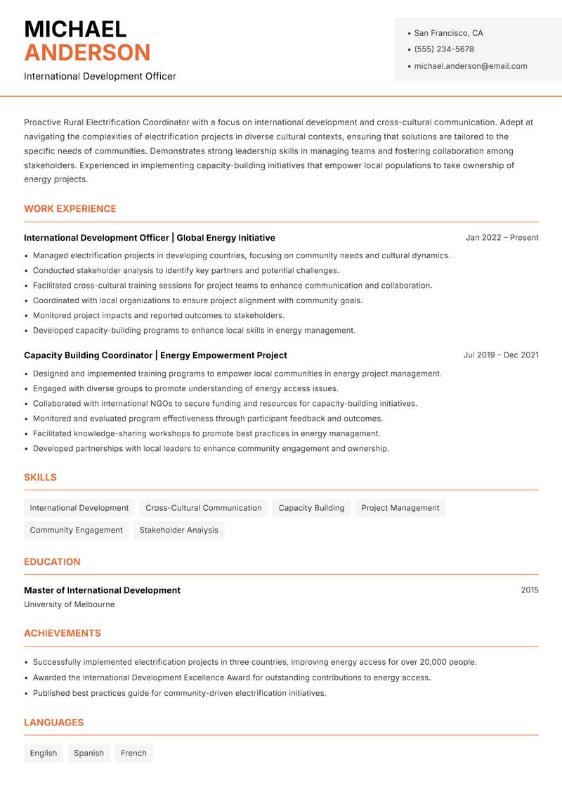 Rural Electrification Coordinator resume sample — International Development Officer focus