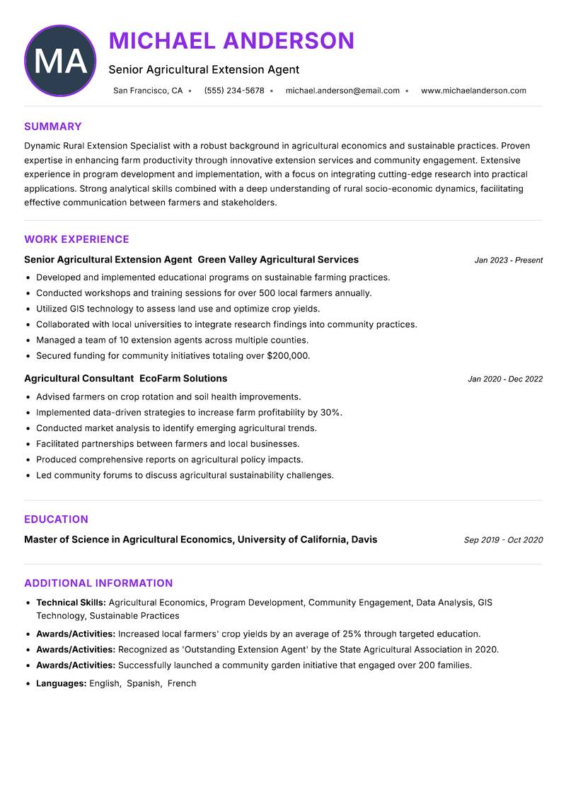 Rural Extension Specialist resume example