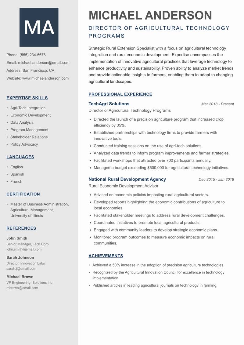 Rural Extension Specialist resume sample — Director of Agricultural Technology Programs focus