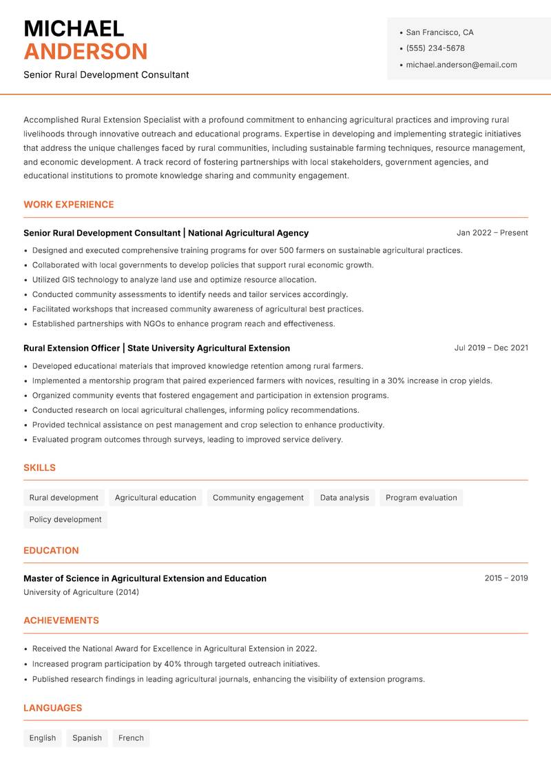 Rural Extension Specialist resume sample — Senior Rural Development Consultant focus
