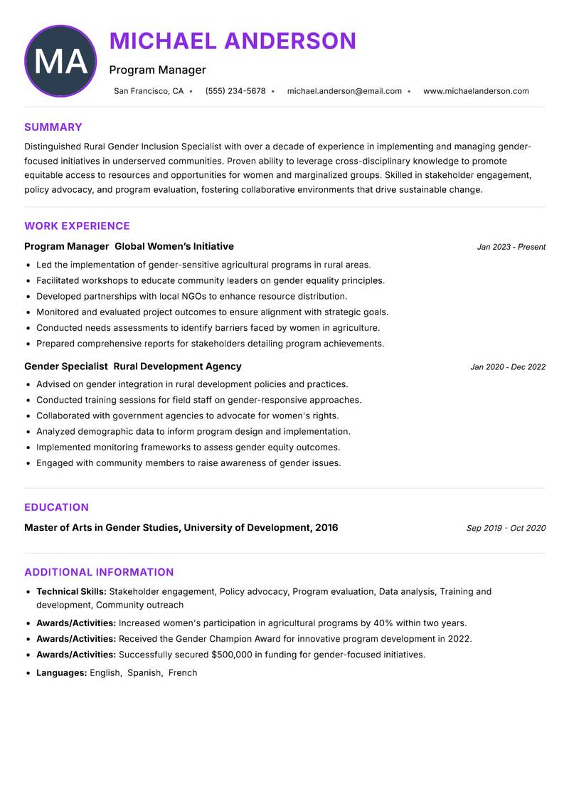 Rural Gender Inclusion Specialist resume example