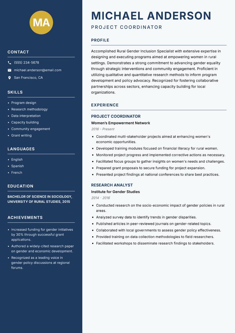 Rural Gender Inclusion Specialist resume sample — Project Coordinator focus
