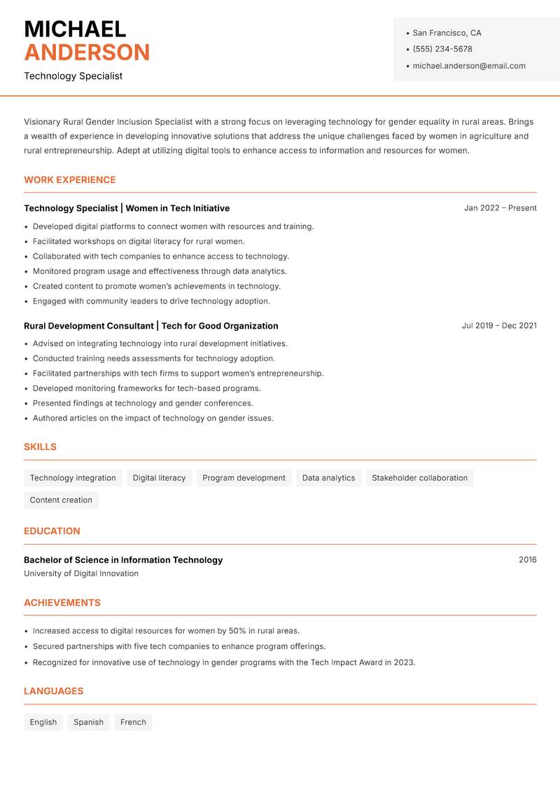 Rural Gender Inclusion Specialist resume sample — Technology Specialist focus