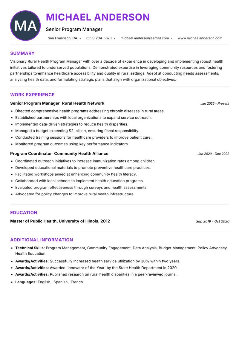 Rural Health Program Manager resume example