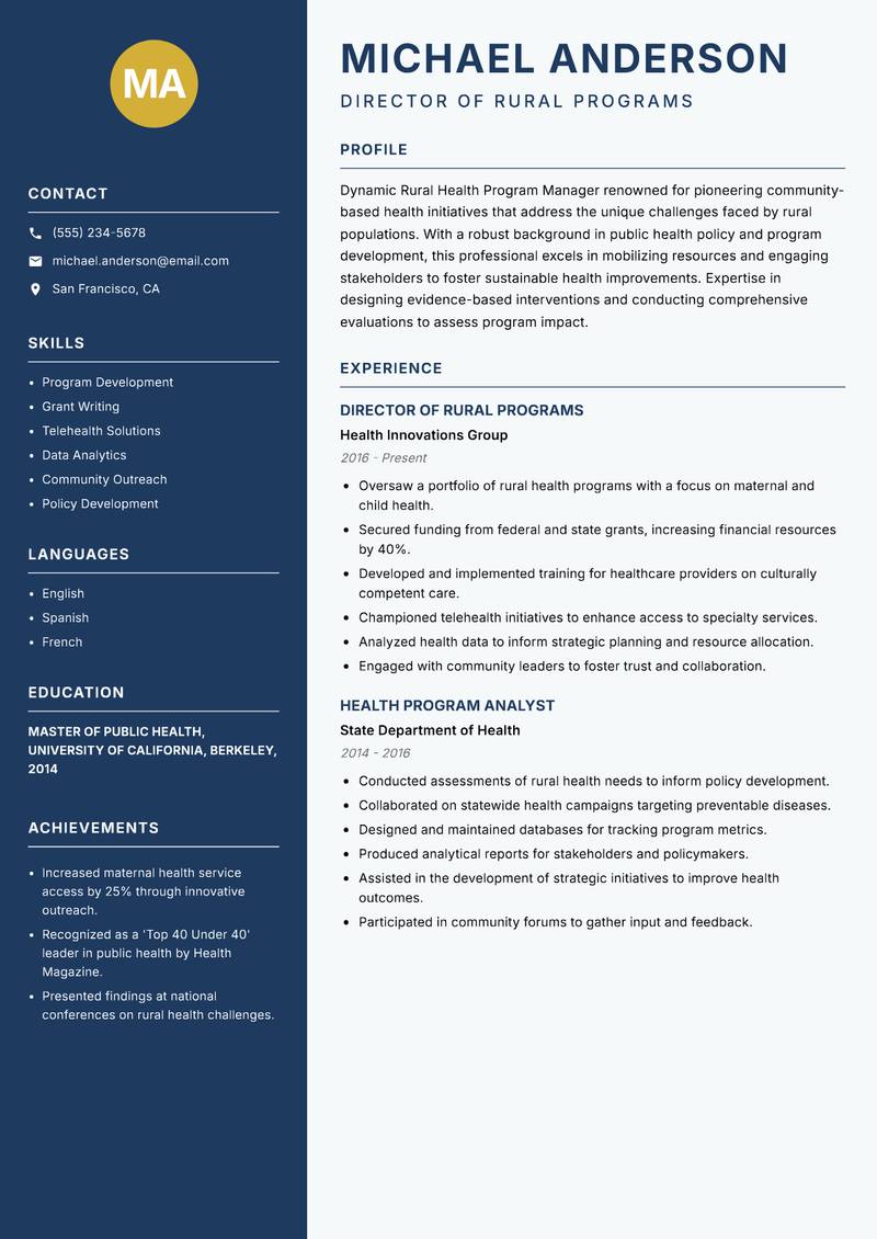 Rural Health Program Manager resume sample — Director of Rural Programs focus