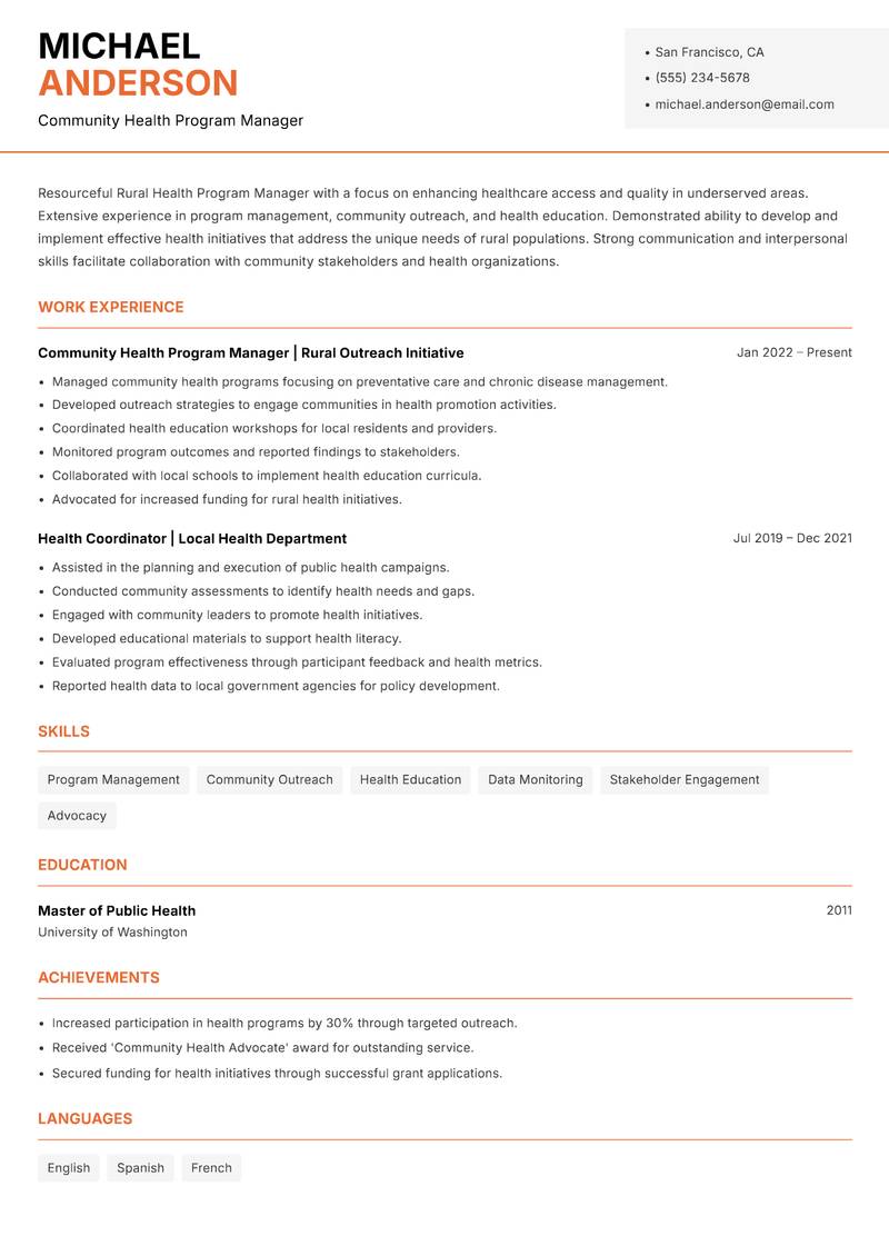 Rural Health Program Manager resume sample — Community Health Program Manager focus