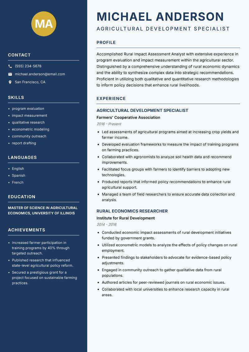 Rural Impact Assessment Analyst resume sample — Agricultural Development Specialist focus