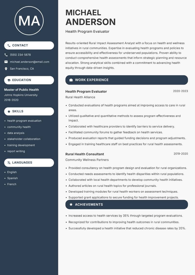 Rural Impact Assessment Analyst resume sample — Health Program Evaluator focus