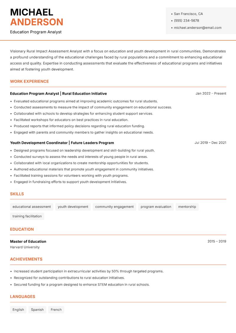 Rural Impact Assessment Analyst resume sample — Education Program Analyst focus