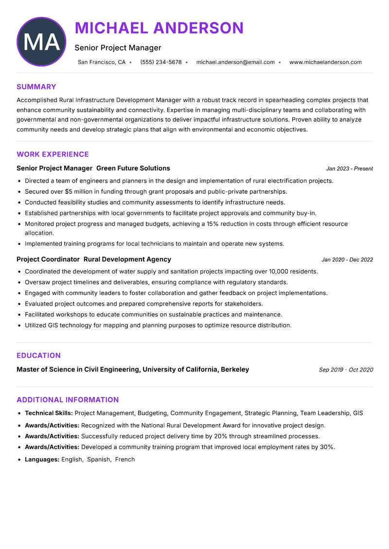 Rural Infrastructure Development Manager resume example