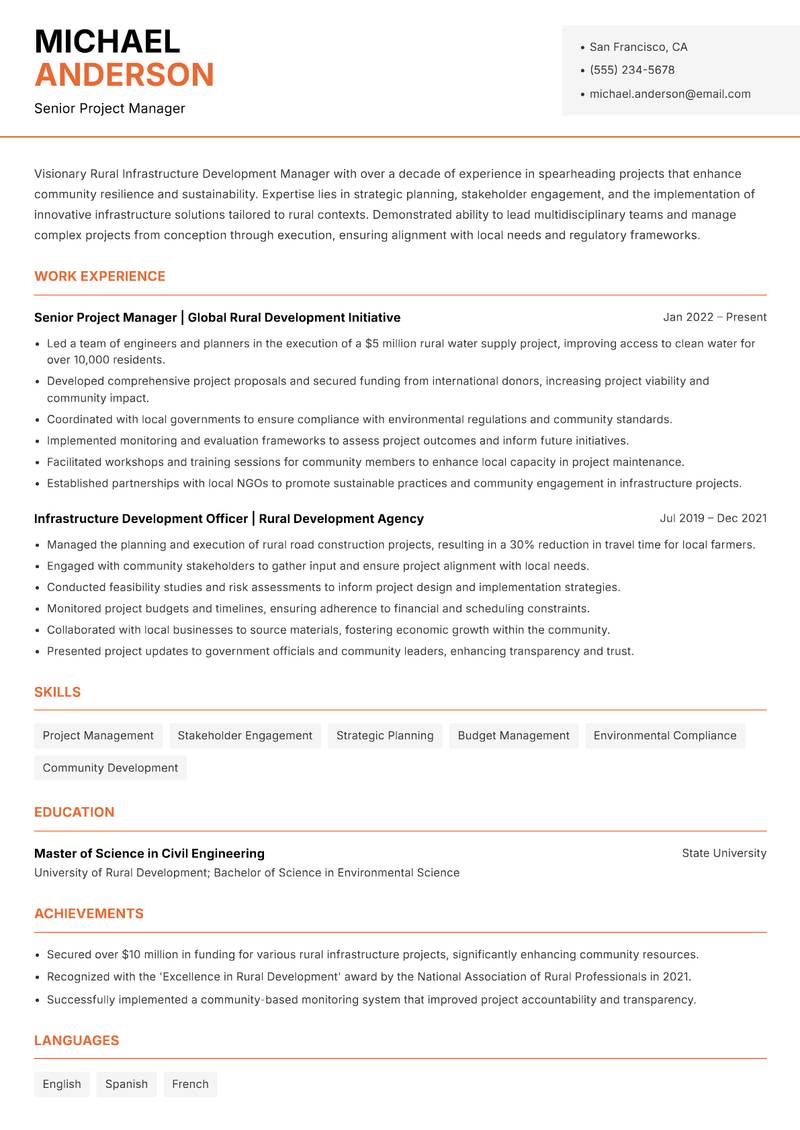 Rural Infrastructure Development Manager resume sample — Senior Project Manager focus