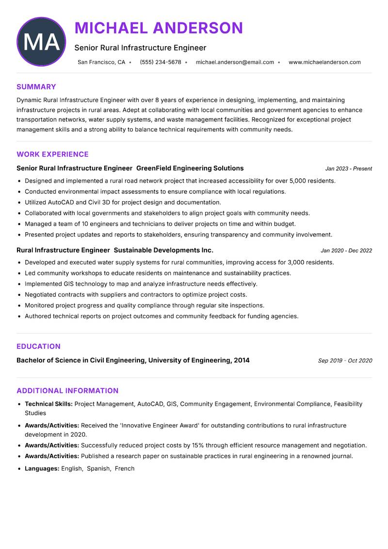 Rural Infrastructure Engineer resume example
