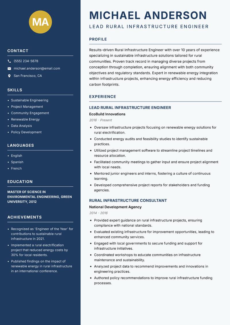 Rural Infrastructure Engineer resume sample — Lead Rural Infrastructure Engineer focus