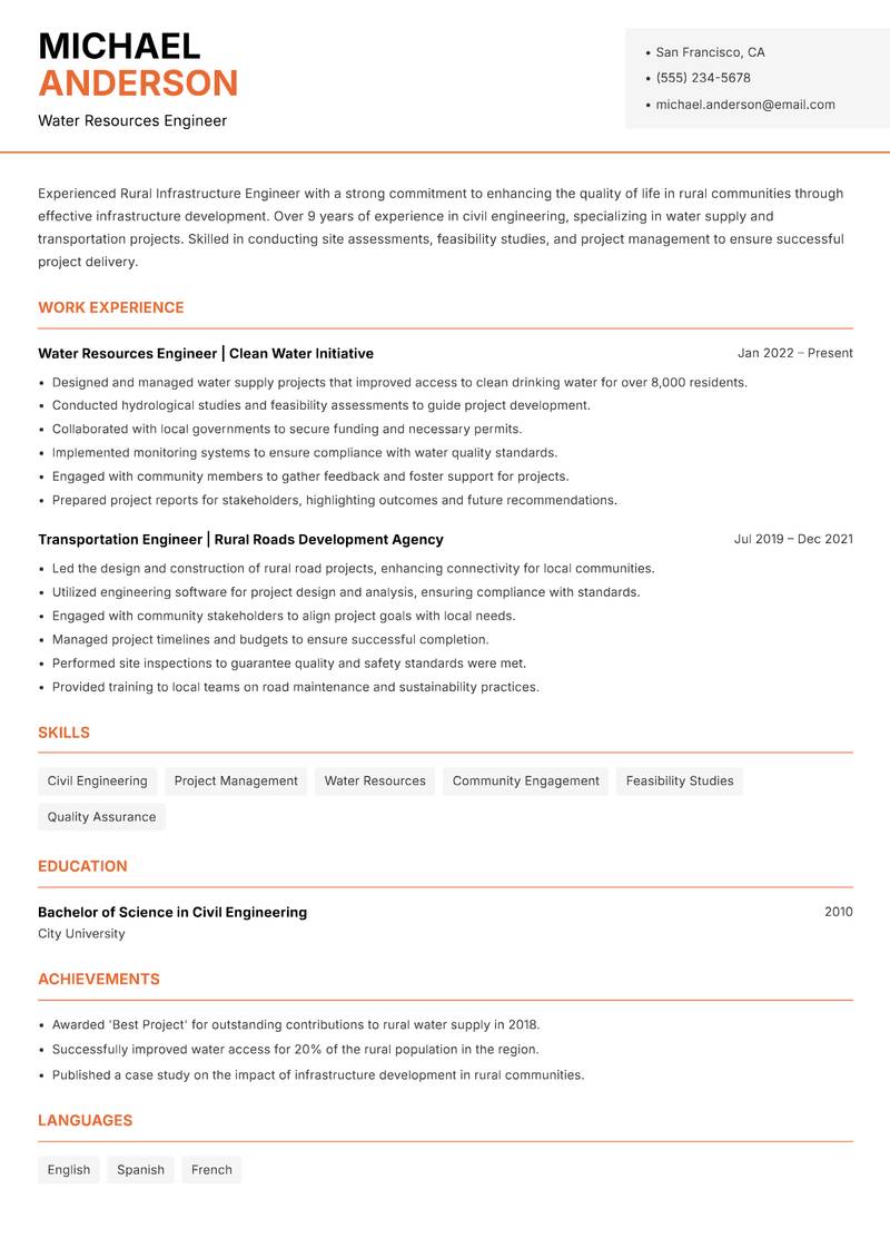 Rural Infrastructure Engineer resume sample — Water Resources Engineer focus