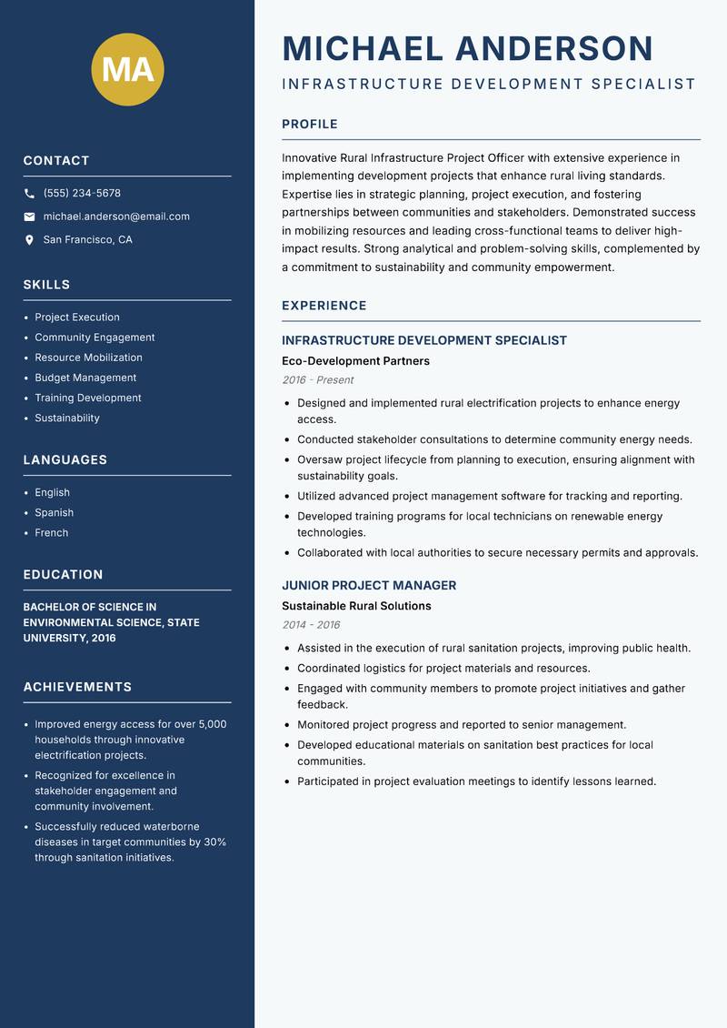 Rural Infrastructure Project Officer resume sample — Infrastructure Development Specialist focus