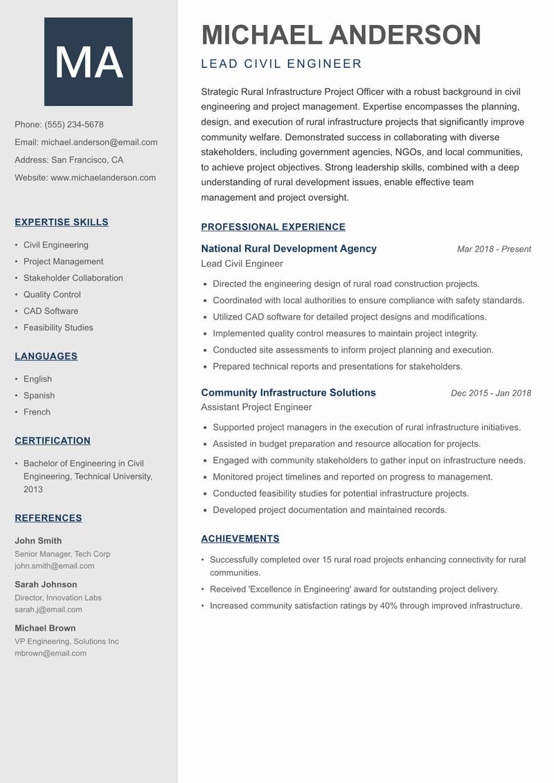 Rural Infrastructure Project Officer resume sample — Lead Civil Engineer focus