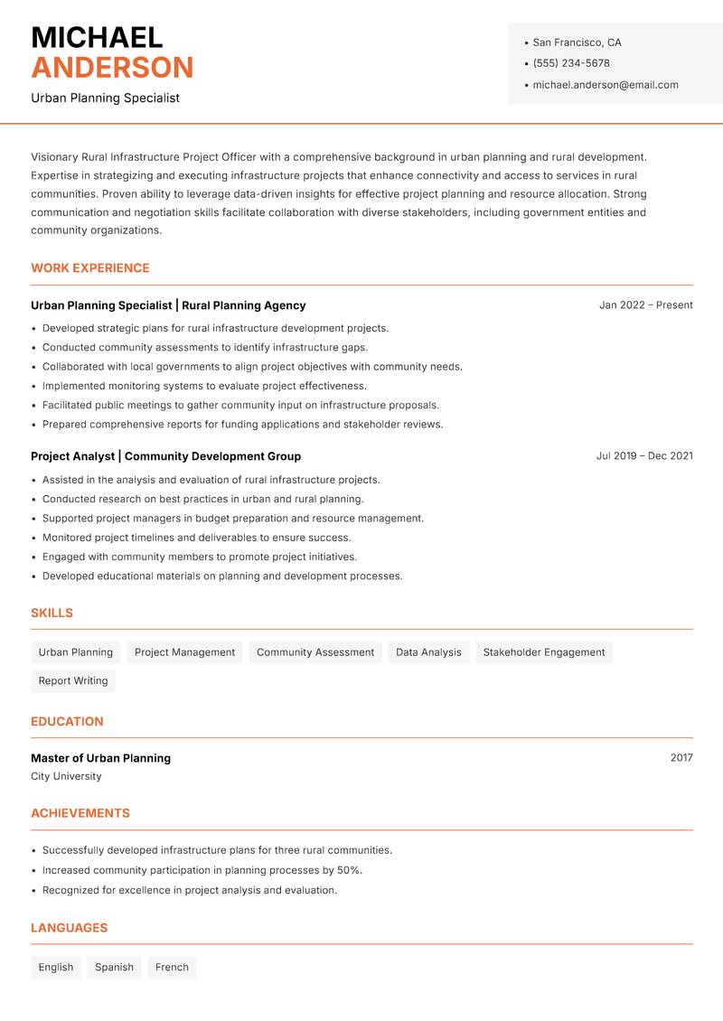 Rural Infrastructure Project Officer resume sample — Urban Planning Specialist focus