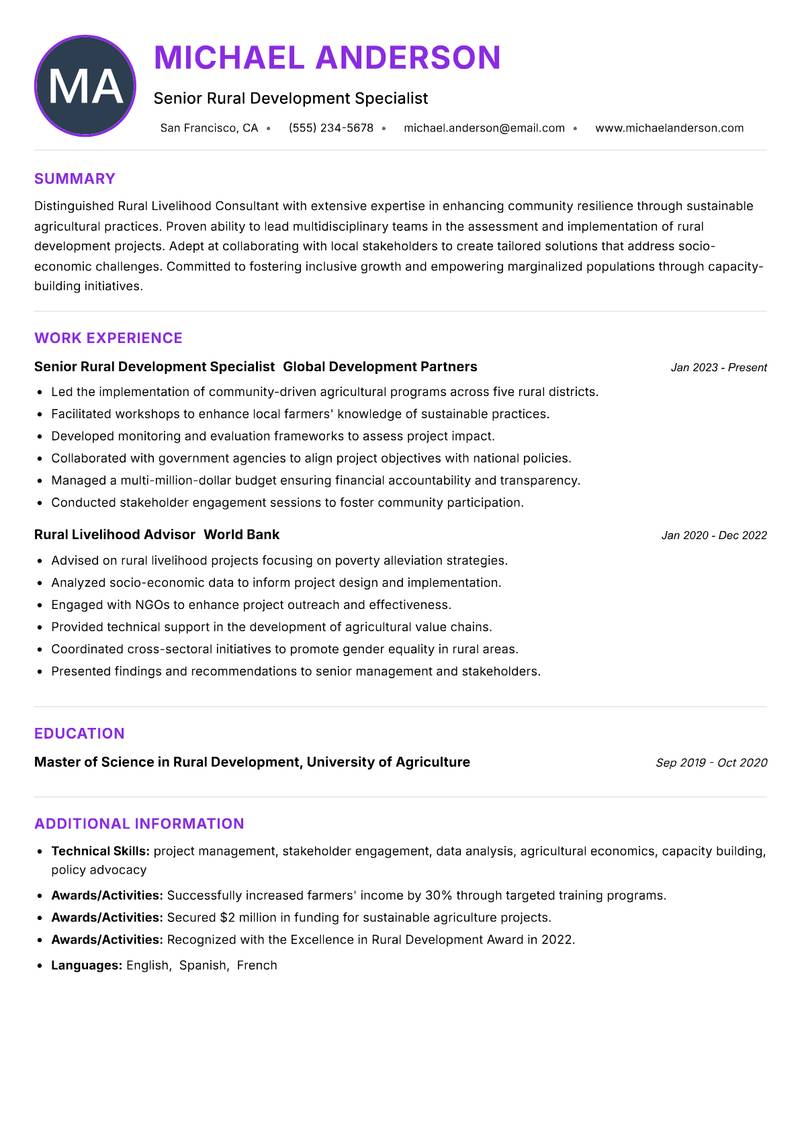 Rural Livelihood Consultant resume example