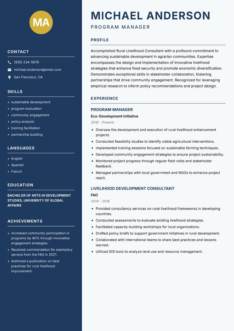 Rural Livelihood Consultant resume sample — Program Manager focus