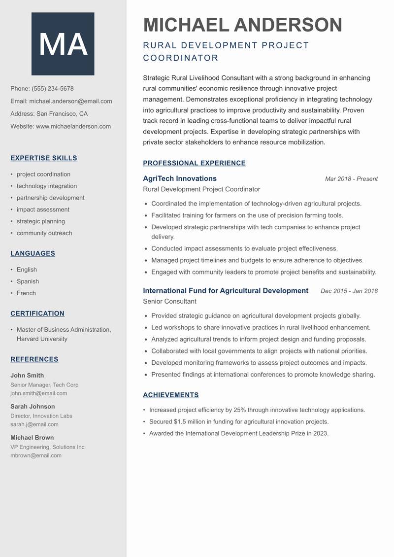 Rural Livelihood Consultant resume sample — Rural Development Project Coordinator focus