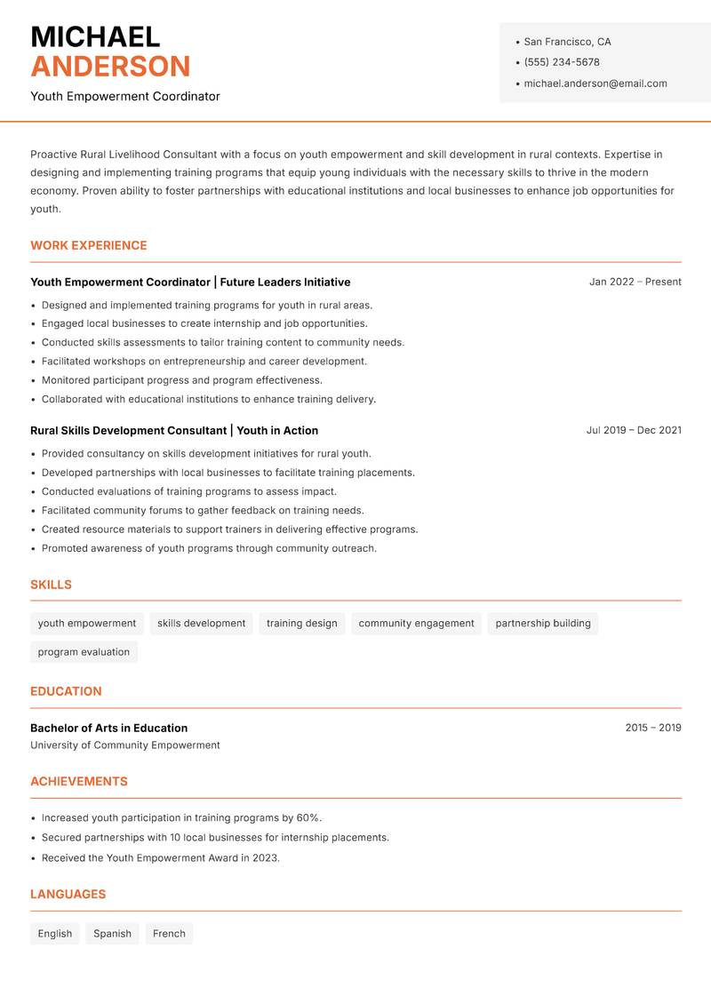 Rural Livelihood Consultant resume sample — Youth Empowerment Coordinator focus