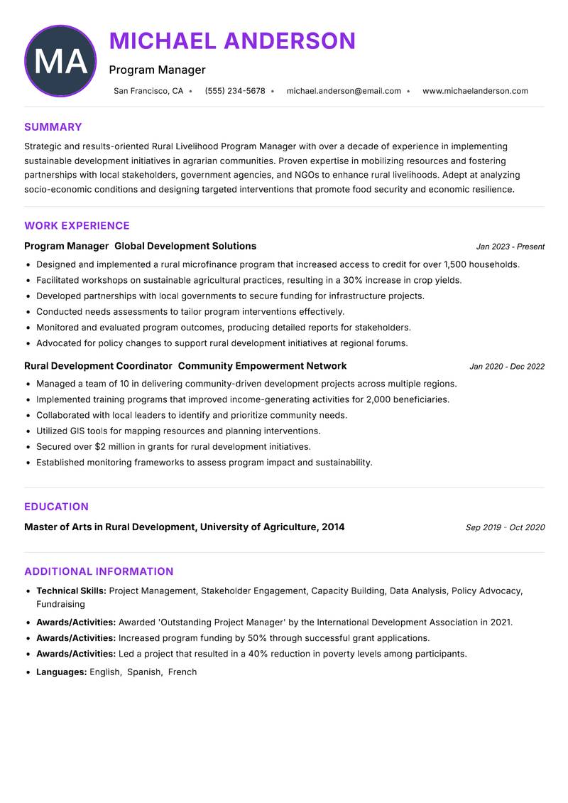 Rural Livelihood Program Manager resume example