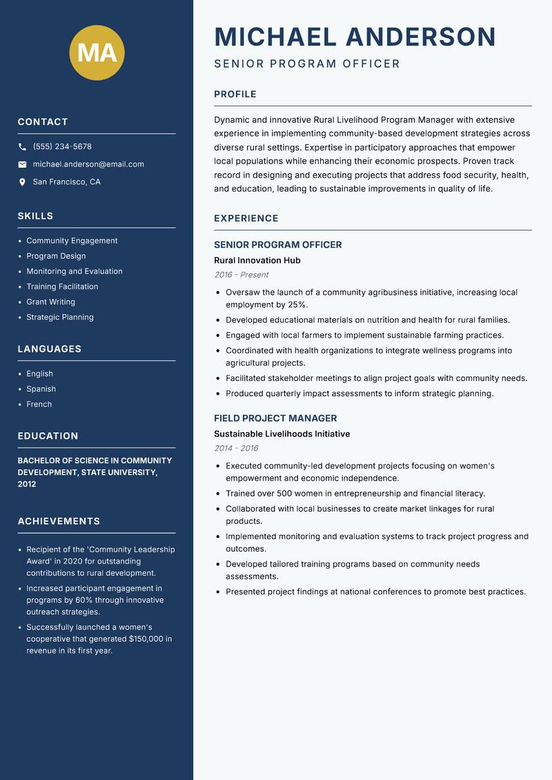 Rural Livelihood Program Manager resume sample — Senior Program Officer focus