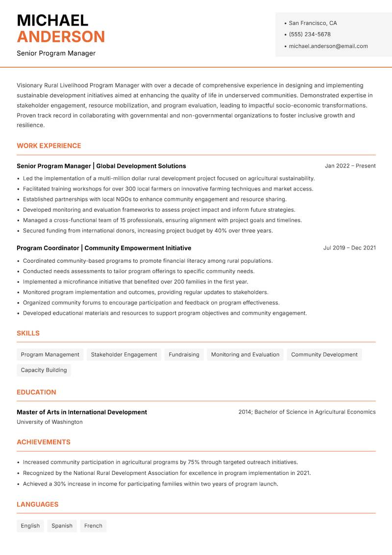 Rural Livelihood Program Manager resume sample — Senior Program Manager focus
