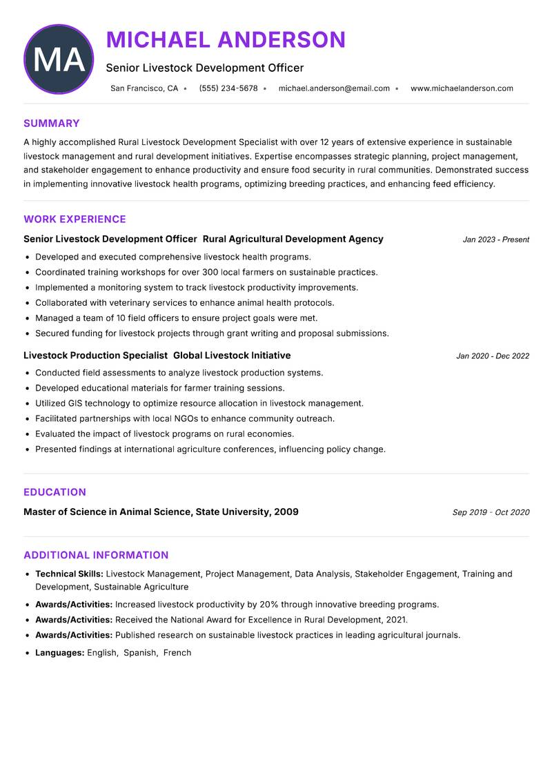 Rural Livestock Development Specialist resume example