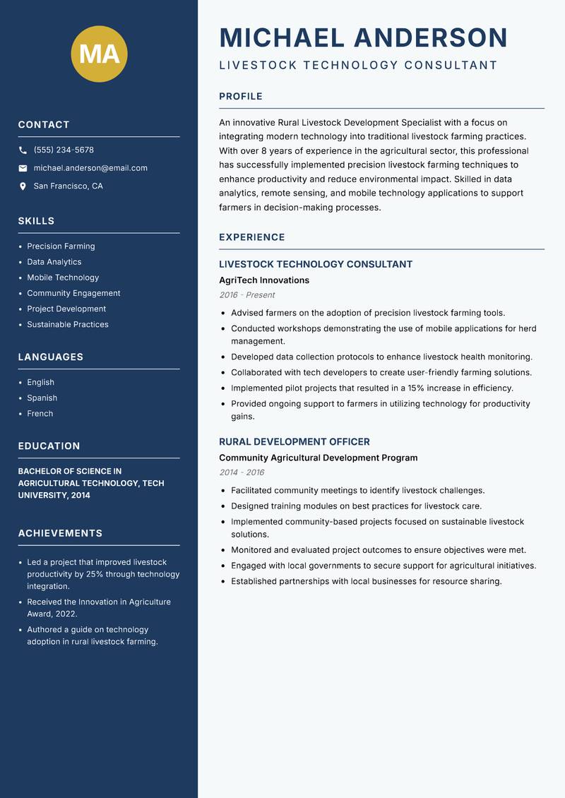 Rural Livestock Development Specialist resume sample — Livestock Technology Consultant focus