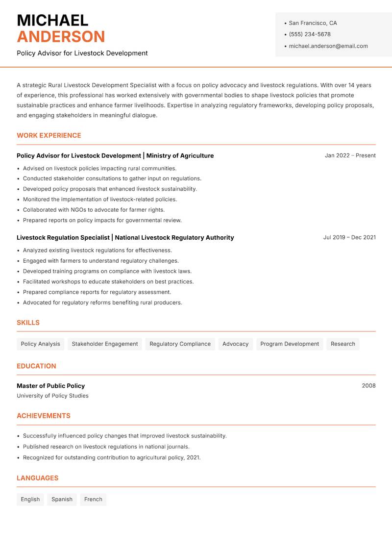 Rural Livestock Development Specialist resume sample — Policy Advisor for Livestock Development focus