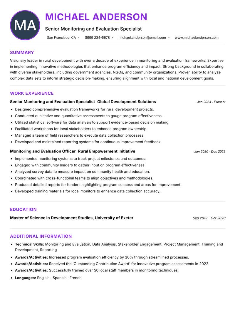 Rural Monitoring and Evaluation Manager resume example