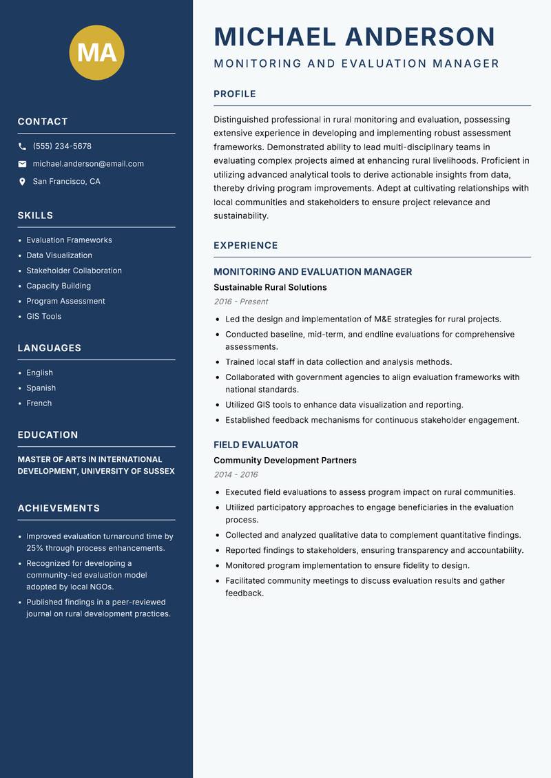 Rural Monitoring and Evaluation Manager resume sample — Monitoring and Evaluation Manager focus