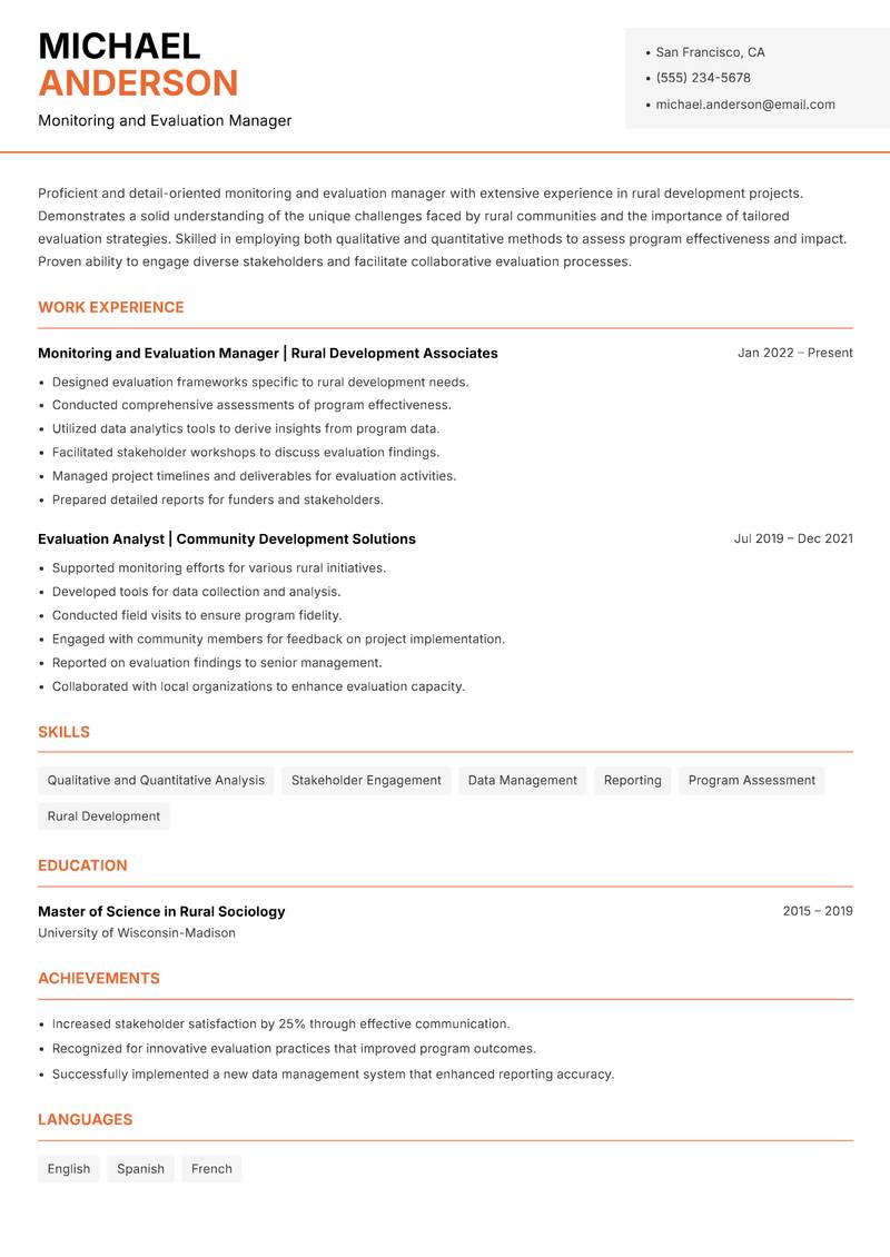 Rural Monitoring and Evaluation Manager resume sample — Monitoring and Evaluation Manager focus
