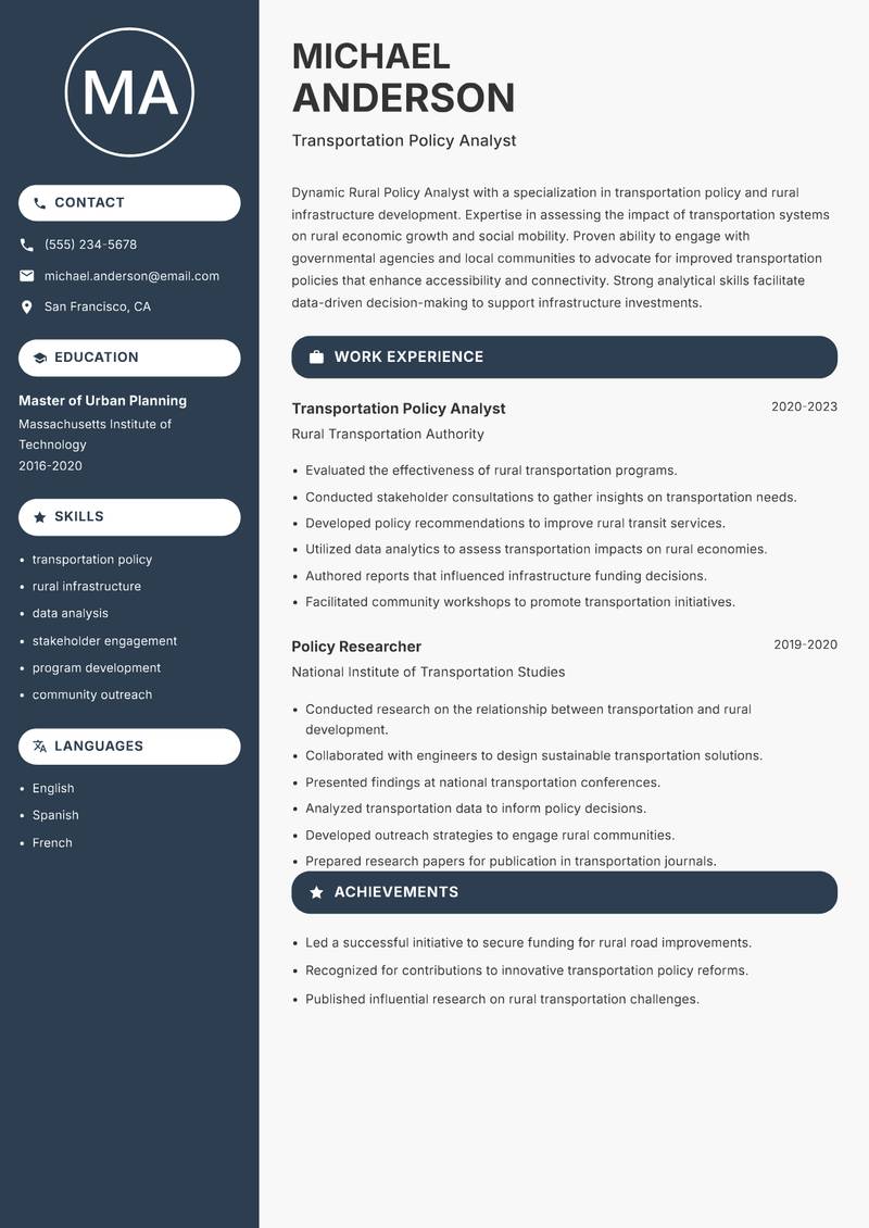 Rural Policy Analyst resume sample — Transportation Policy Analyst focus