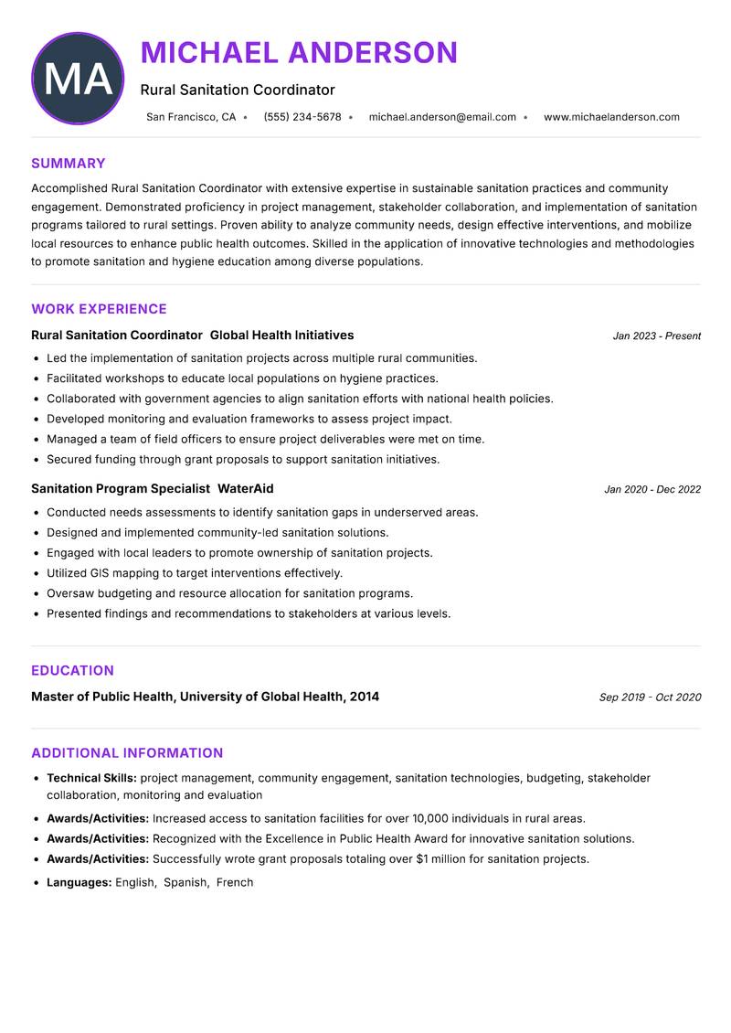 Rural Sanitation Coordinator resume example