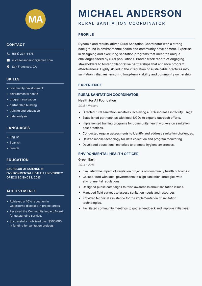 Rural Sanitation Coordinator resume sample — Rural Sanitation Coordinator focus