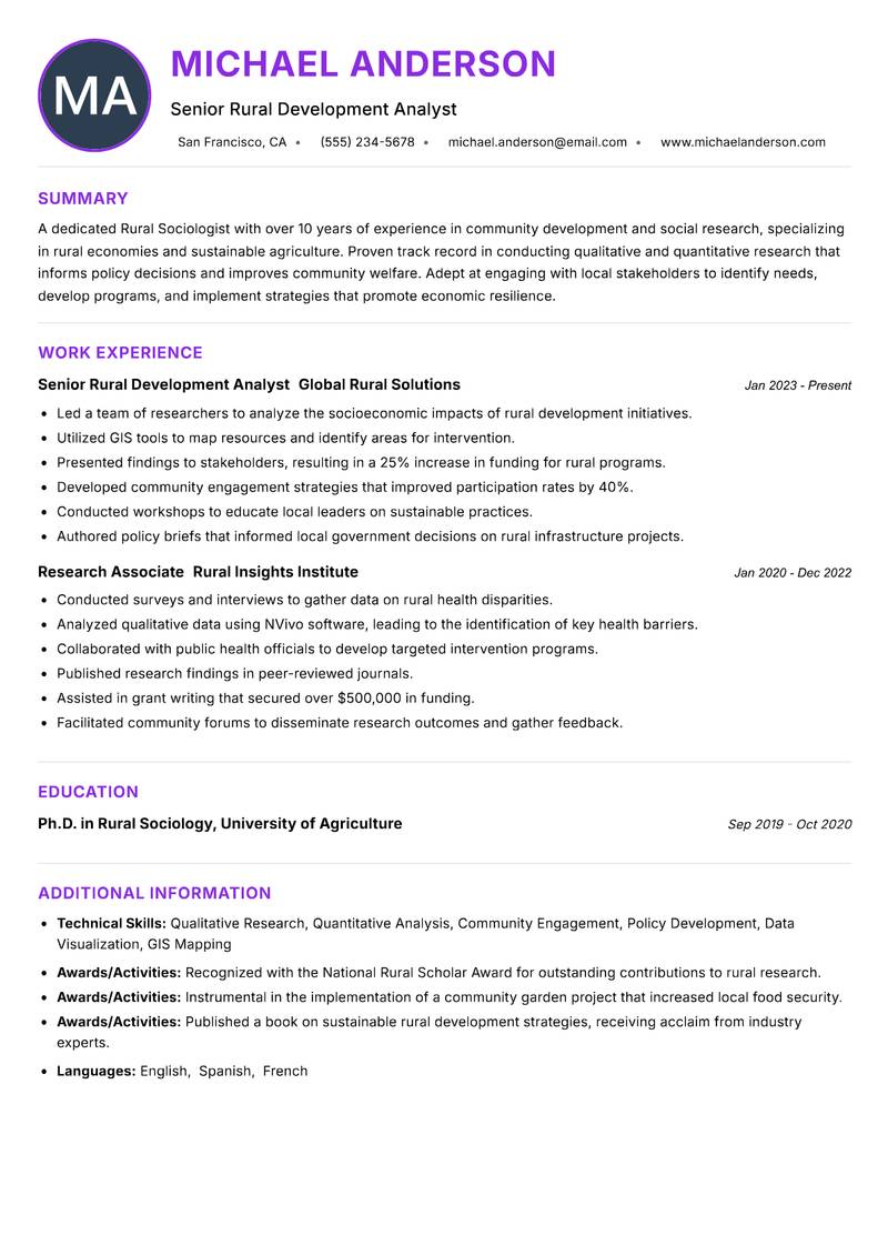 Rural Sociologist resume example