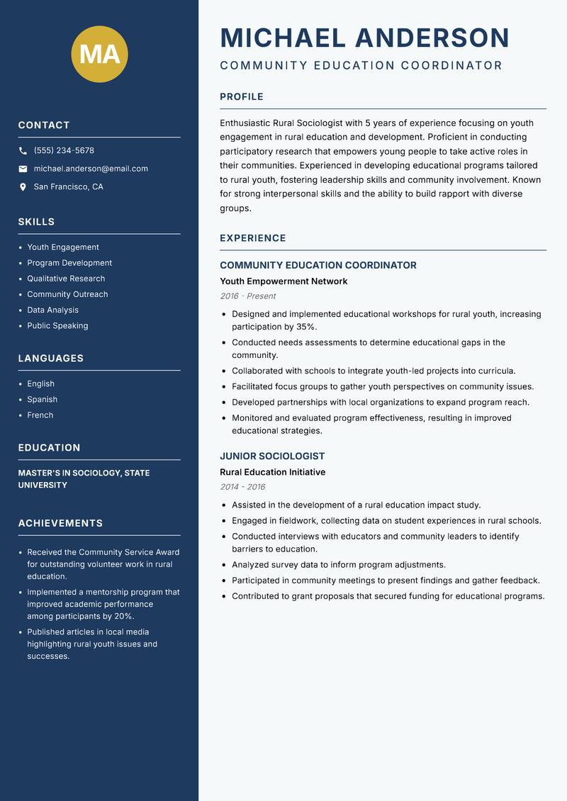 Rural Sociologist resume sample — Community Education Coordinator focus