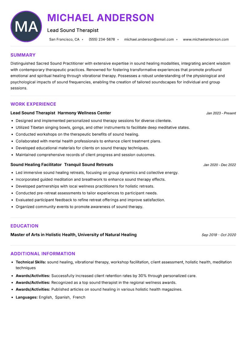 Sacred Sound Practitioner resume example