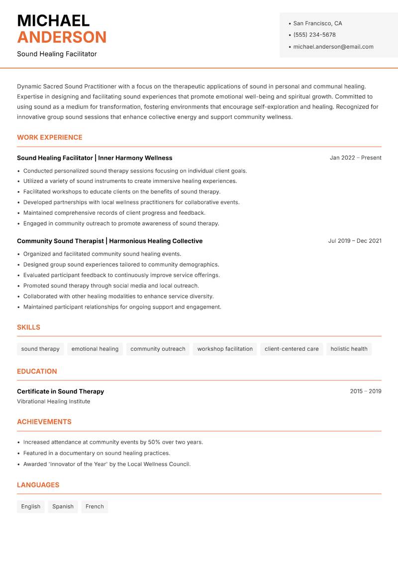 Sacred Sound Practitioner resume sample — Sound Healing Facilitator focus