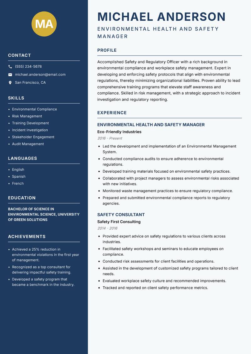 Safety and Regulatory Officer resume sample — Environmental Health and Safety Manager focus