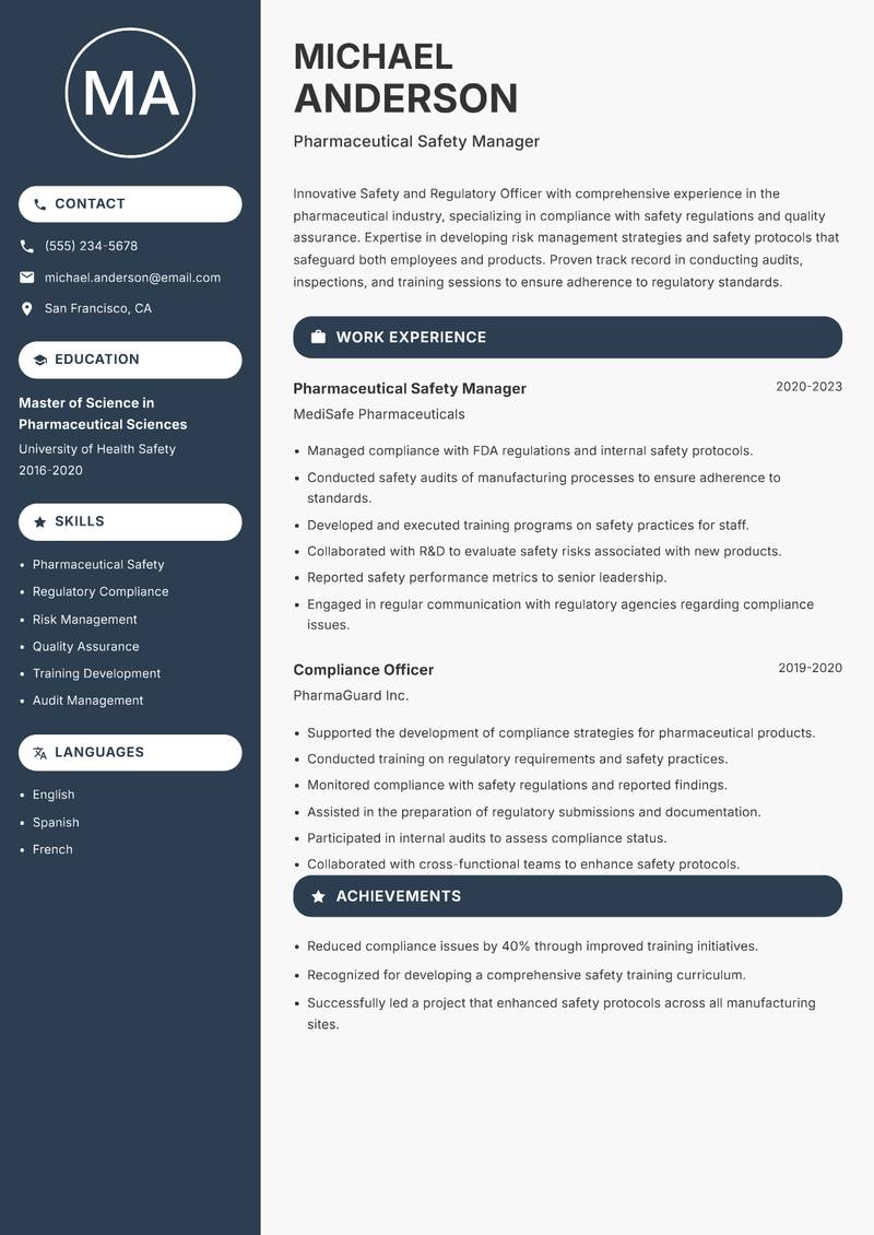 Safety and Regulatory Officer resume sample — Pharmaceutical Safety Manager focus