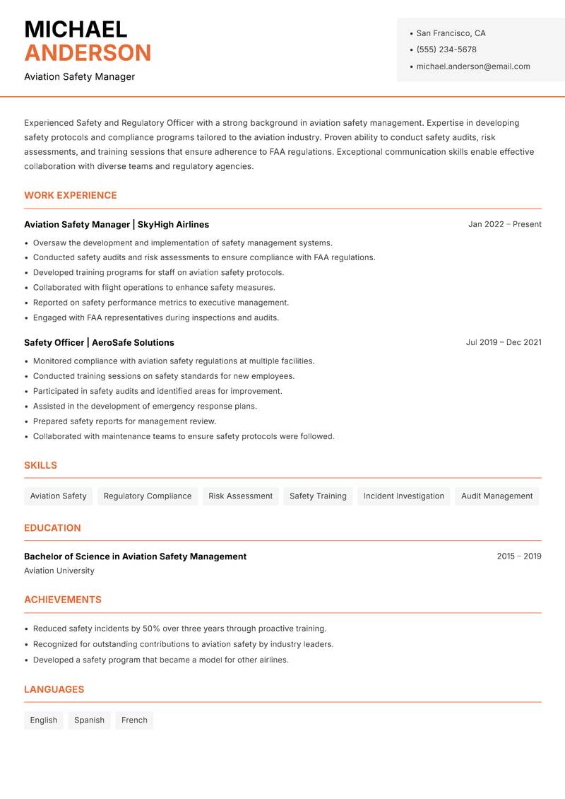 Safety and Regulatory Officer resume sample — Aviation Safety Manager focus