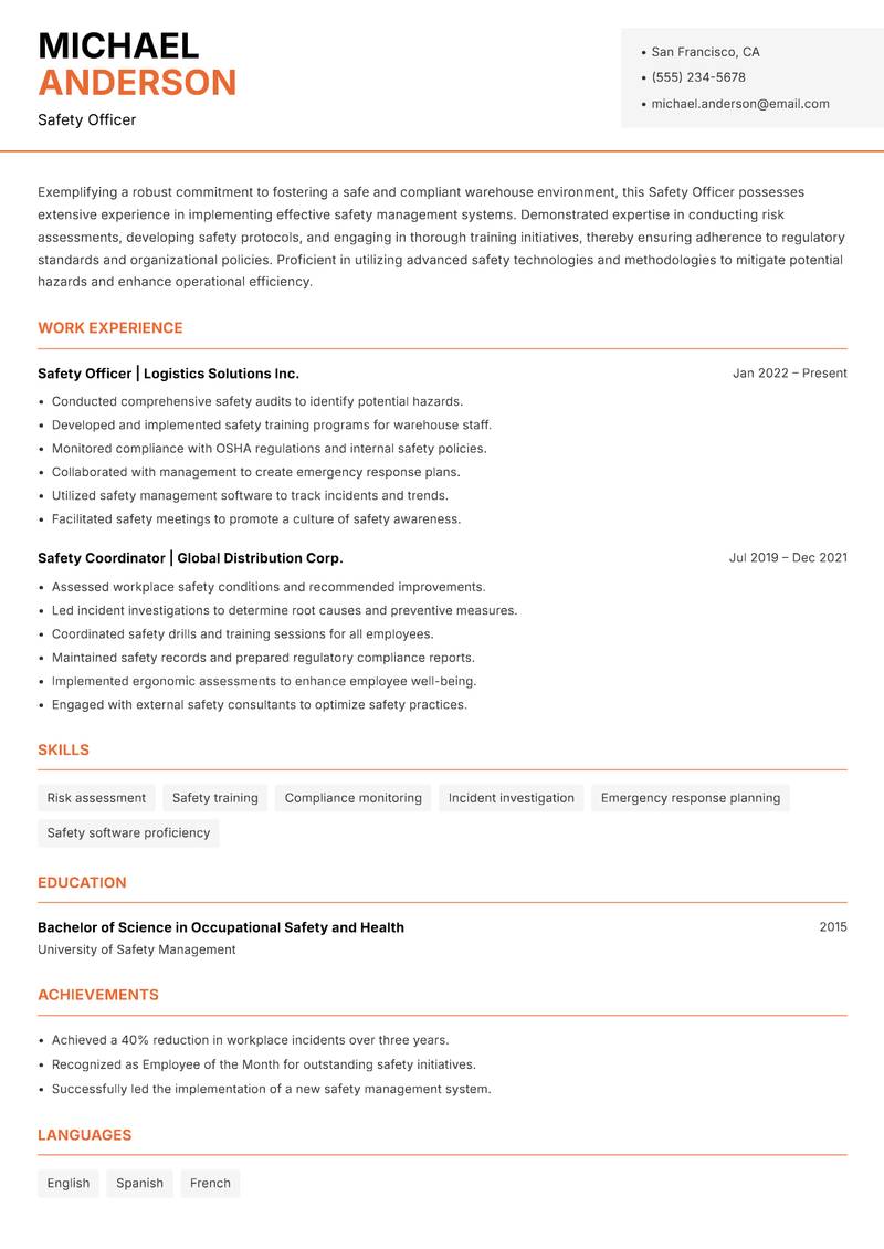 Safety Officer Warehouse resume sample — Safety Officer focus