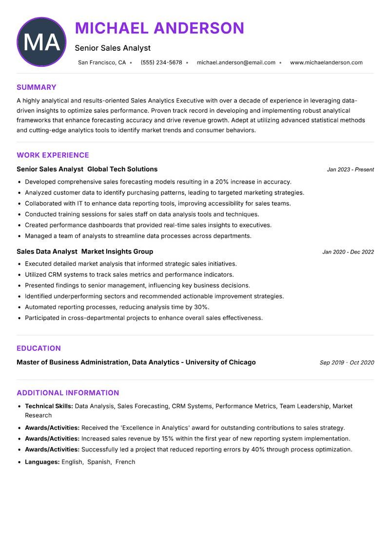 Sales Analytics Executive resume example