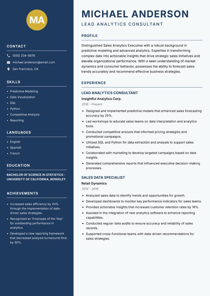 Sales Analytics Executive resume sample — Lead Analytics Consultant focus