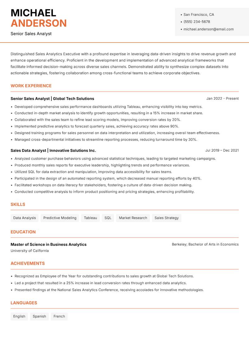 Sales Analytics Executive resume sample — Senior Sales Analyst focus