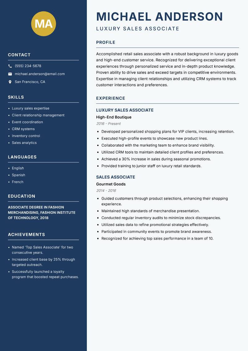 Sales Associate Retail resume sample — Luxury Sales Associate focus