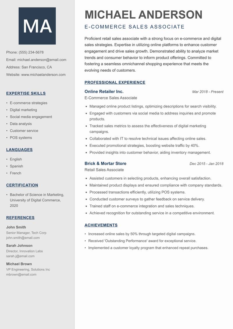 Sales Associate Retail resume sample — E-Commerce Sales Associate focus